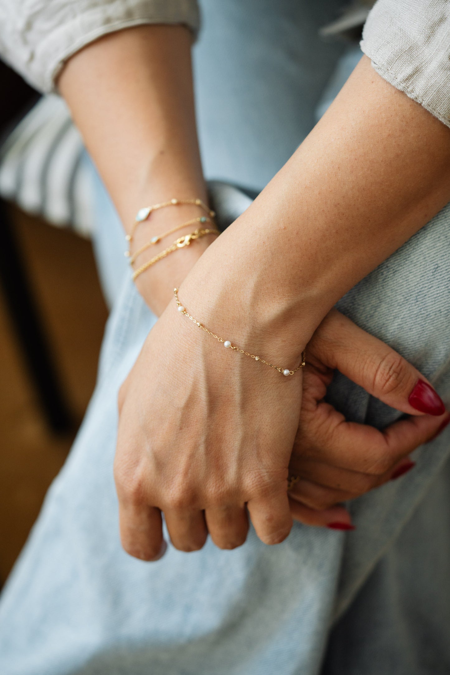 PVLA | 14k Yellow Gold Bracelet with Pearls | Minimal and Dainty Pearl Stackable Bracelet