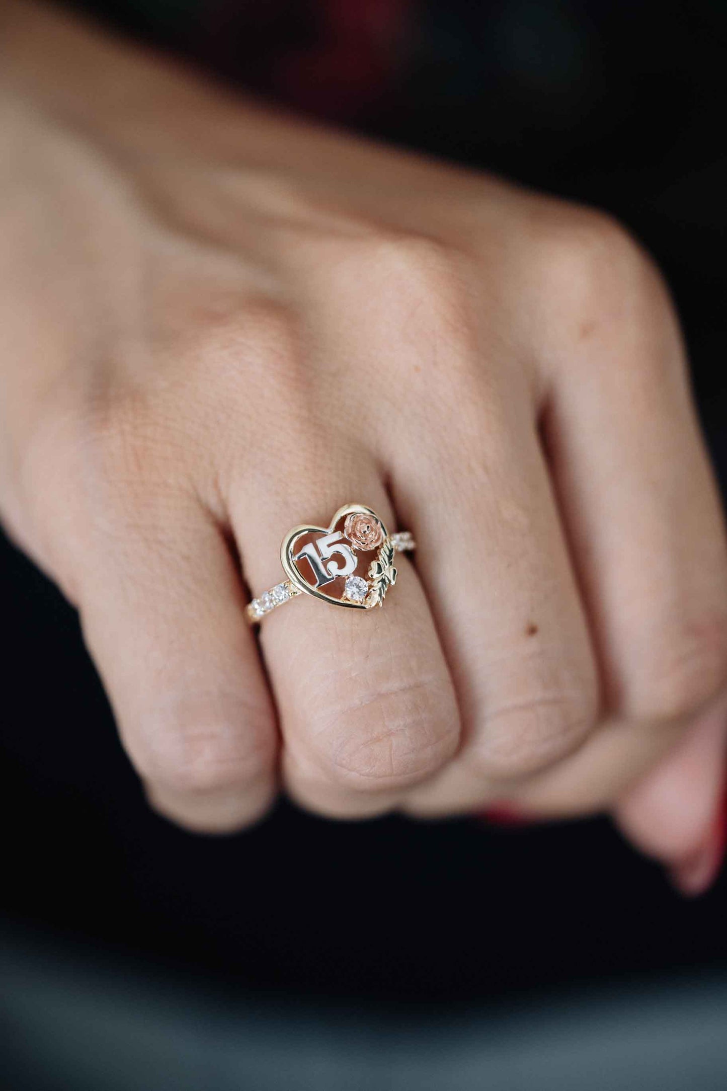 PVLA | 14k Solid Gold CZ Heart 15 Ring | Quinceanera Heart Ring | 15 Anos Ring