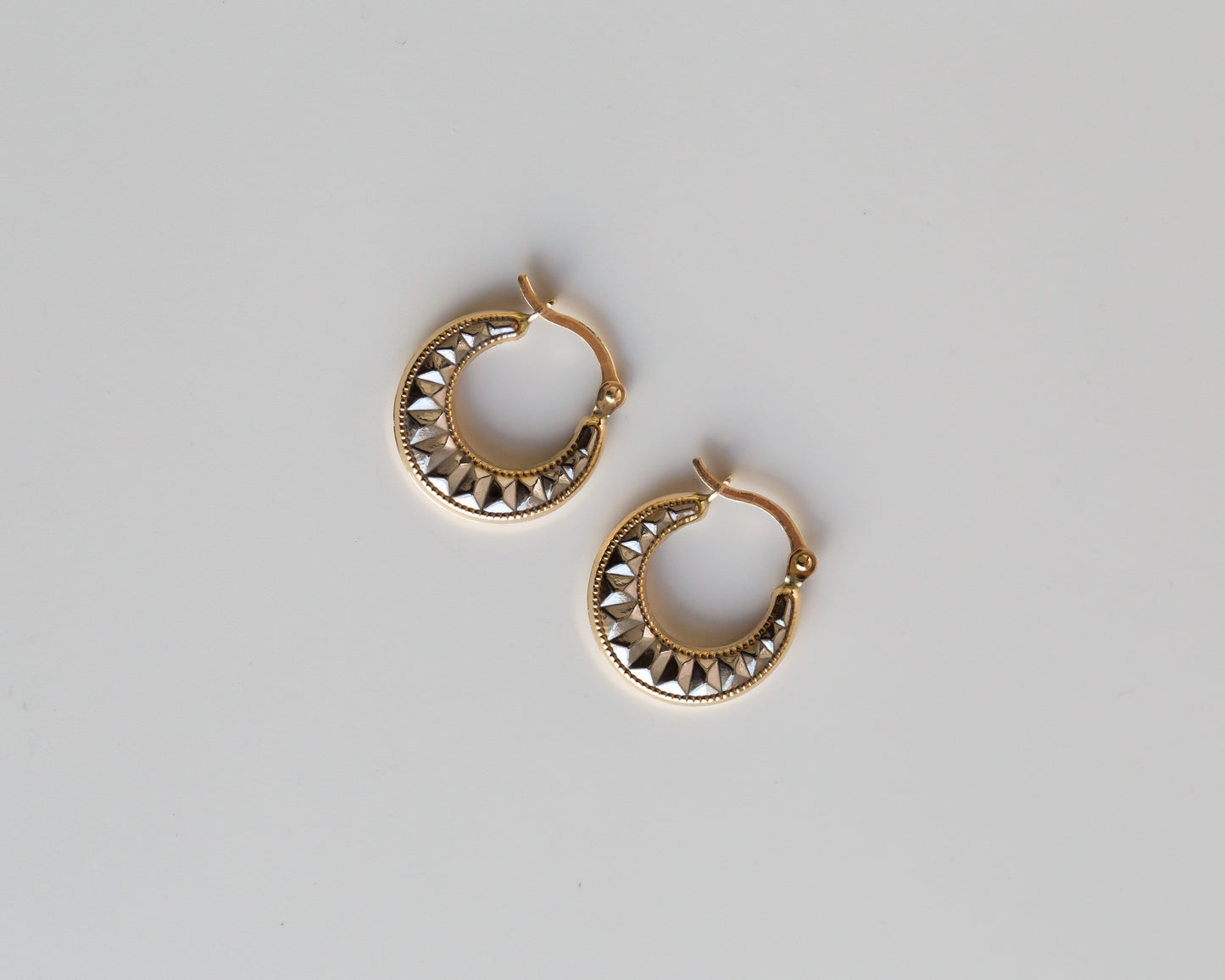 14k Yellow Gold White Gold Diamond Cut Small Huggies Earring | Croissant Hoop Petite Huggie | 2-tone Hoop Earring | Baby Gold Hoop