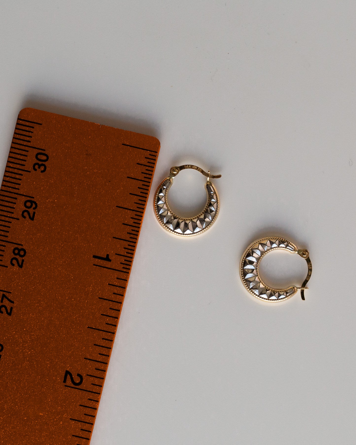14k Yellow Gold White Gold Diamond Cut Small Huggies Earring | Croissant Hoop Petite Huggie | 2-tone Hoop Earring | Baby Gold Hoop