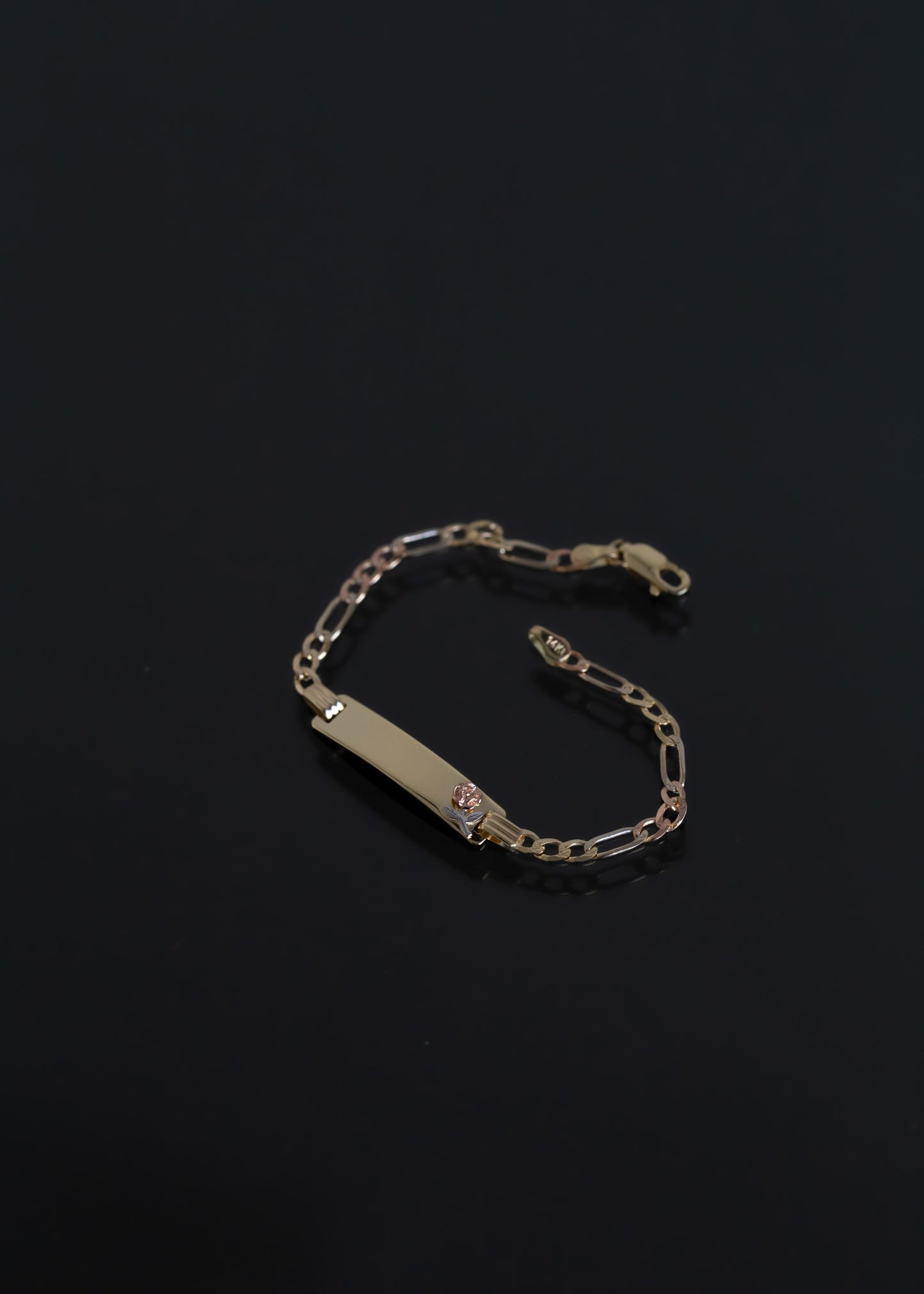 PVLA | 14k Solid Tri-Color Figaro Rose ID Baby Bracelet | Gold Baby Name Bracelet Pulsera