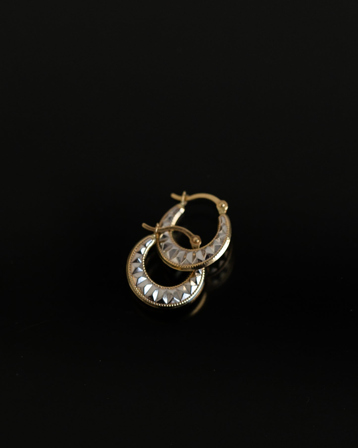 14k Yellow Gold White Gold Diamond Cut Small Huggies Earring | Croissant Hoop Petite Huggie | 2-tone Hoop Earring | Baby Gold Hoop