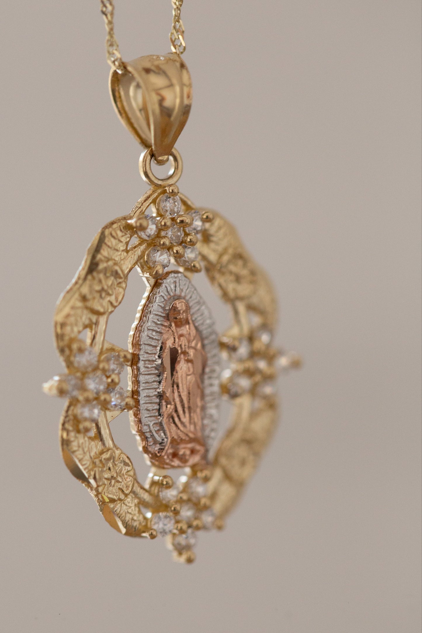 14K Solid Tri Color Gold Virgin Mary Guadalupe CZ Necklace | Cubic Zirconia Flower Oval Frame Pendant Charm Virgen de Guadalupe Necklace