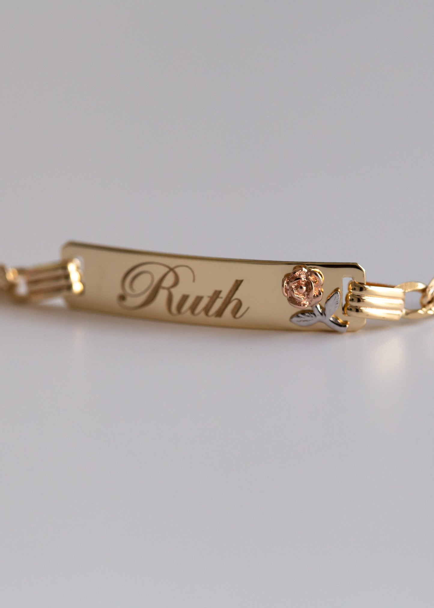 PVLA | 14k Solid Tri-Color Figaro Rose ID Baby Bracelet | Gold Baby Name Bracelet Pulsera