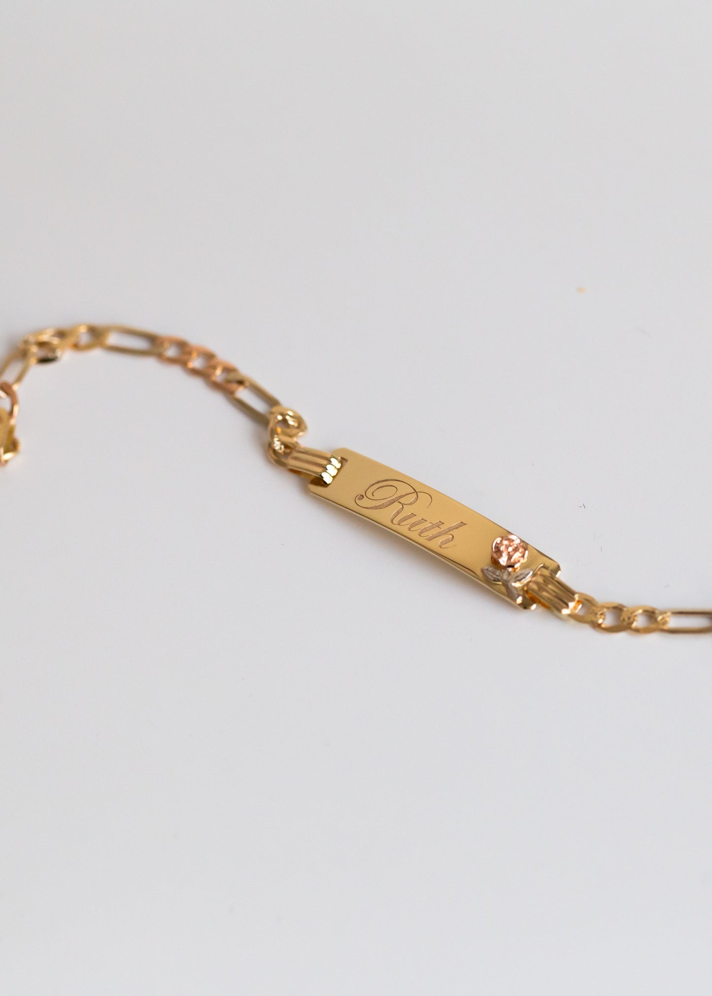 PVLA | 14k Solid Tri-Color Figaro Rose ID Baby Bracelet | Gold Baby Name Bracelet Pulsera
