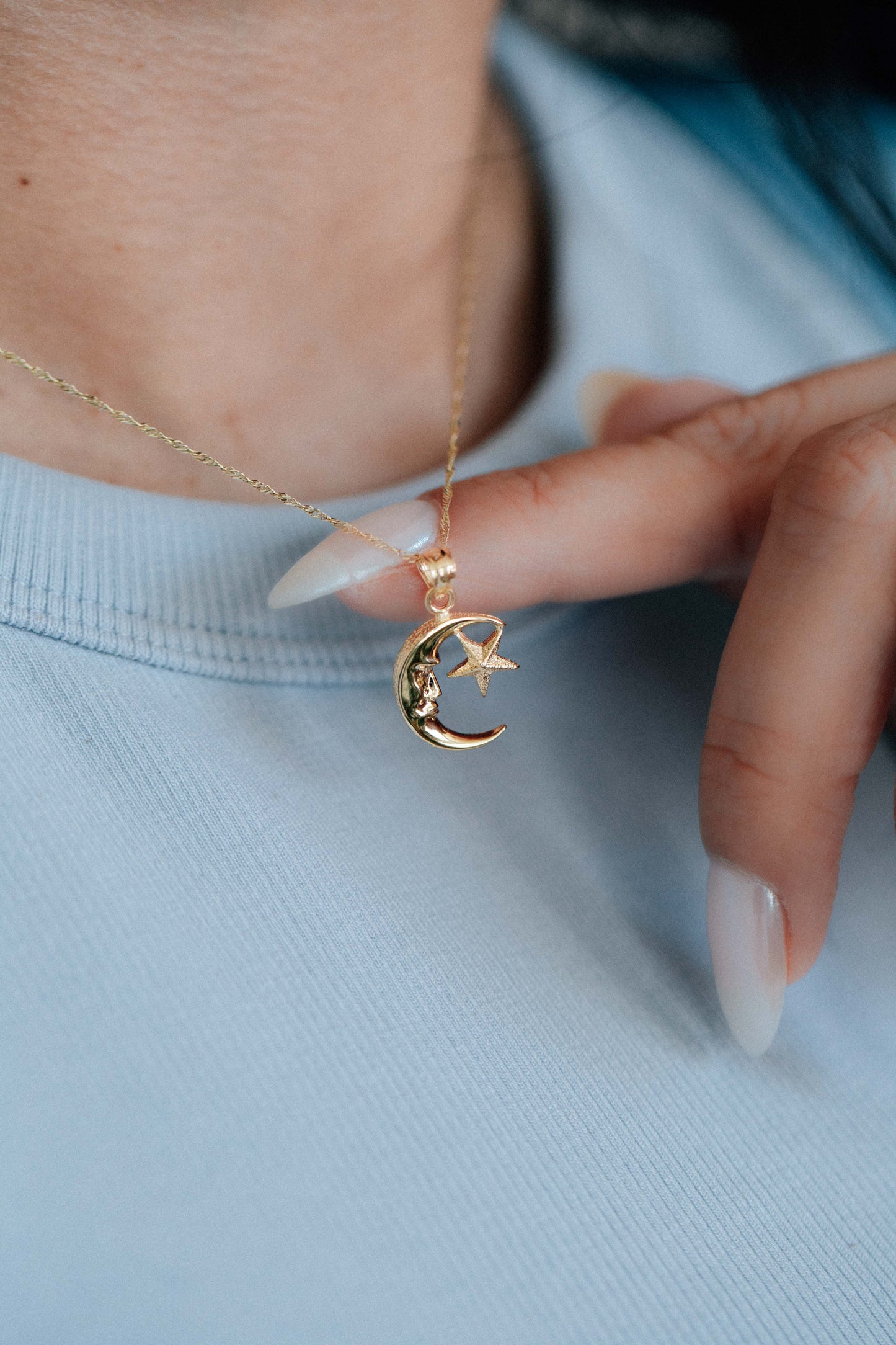 14k Solid Yellow Gold Moon And Star Pendant Charm | Luna Estrella Necklace | Astrology Jewelry Gift