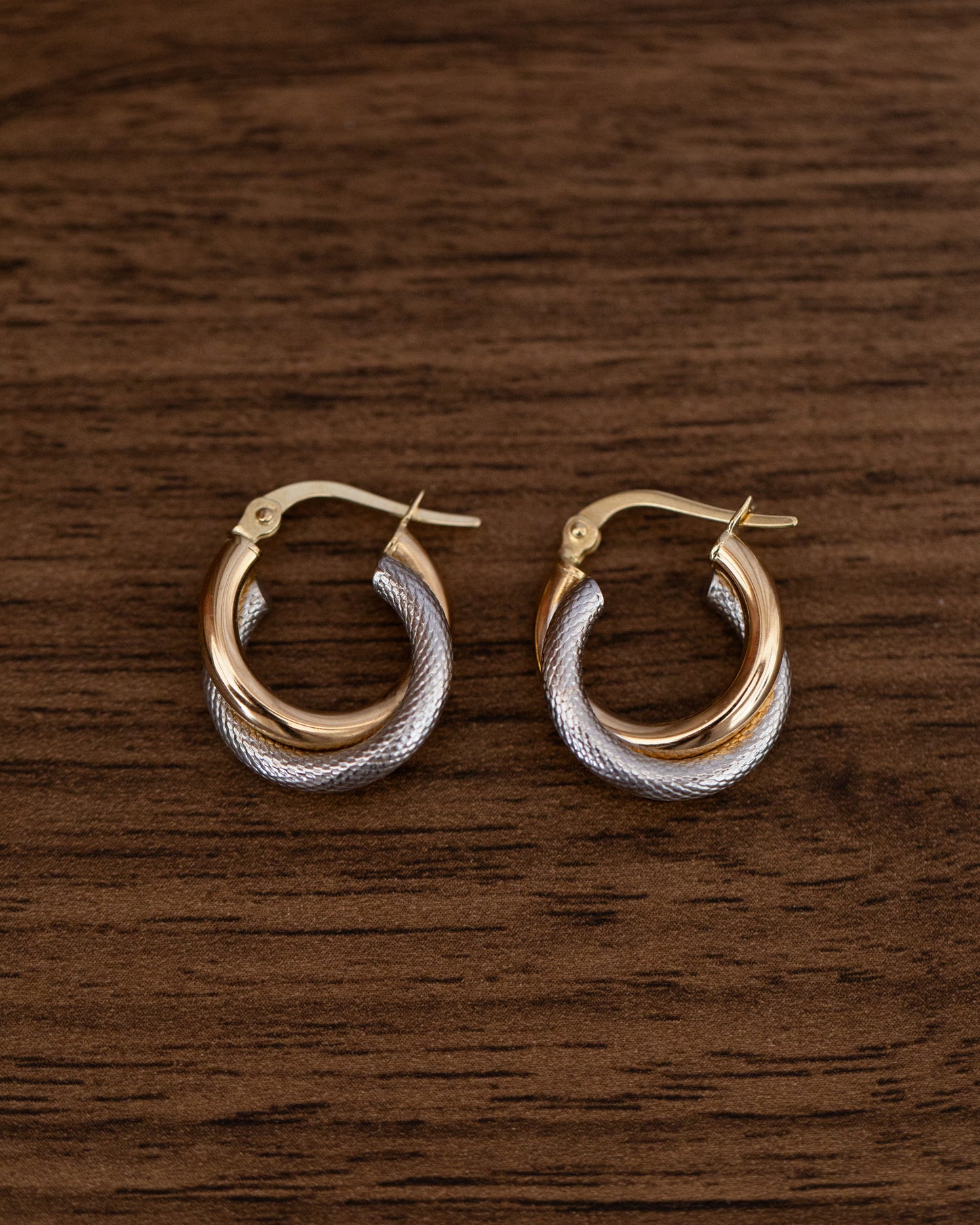 PVLA | 14k Two-Tone Gold Crossover Hoop Earrings | Diamond Cut and High Polished Hoop Earrings