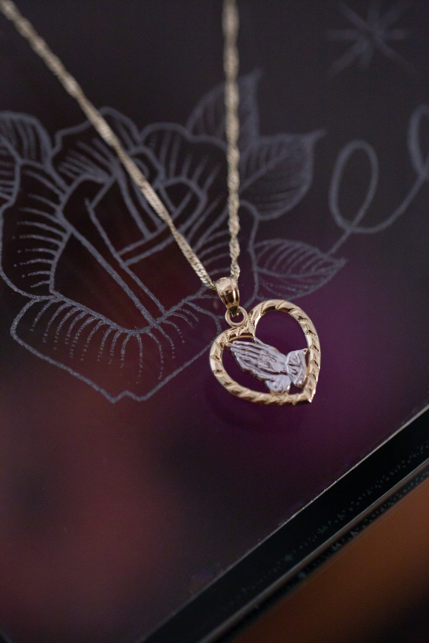 PVLA | 14k Gold 2-Tone Praying Hands Heart Pendant | White Gold Yellow Blessing Hands Charm Necklace