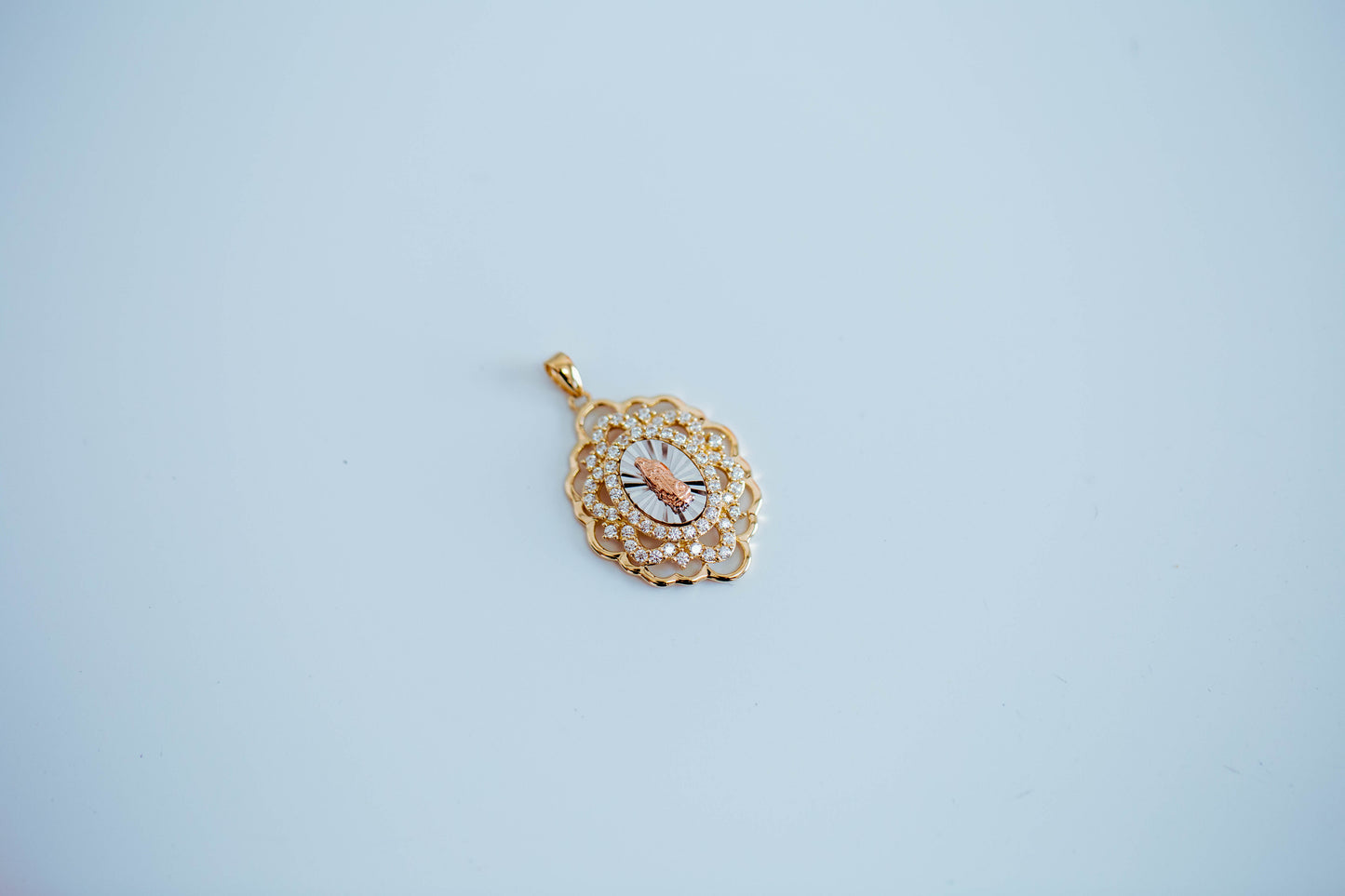 PVLA | 14k Tri Color Solid Gold CZ Halo Virgin De Guadalupe Pendant Necklace Set |