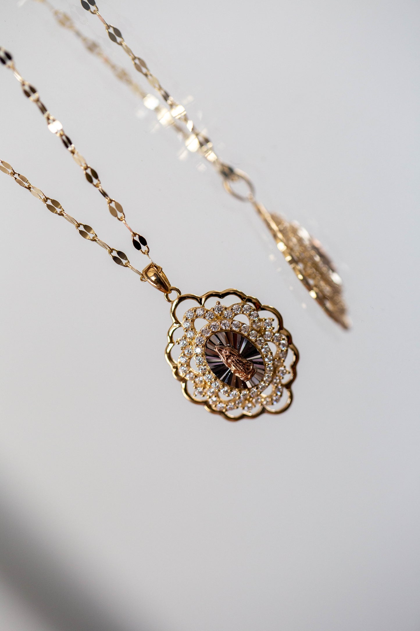 PVLA | 14k Tri Color Solid Gold CZ Halo Virgin De Guadalupe Pendant Necklace Set |