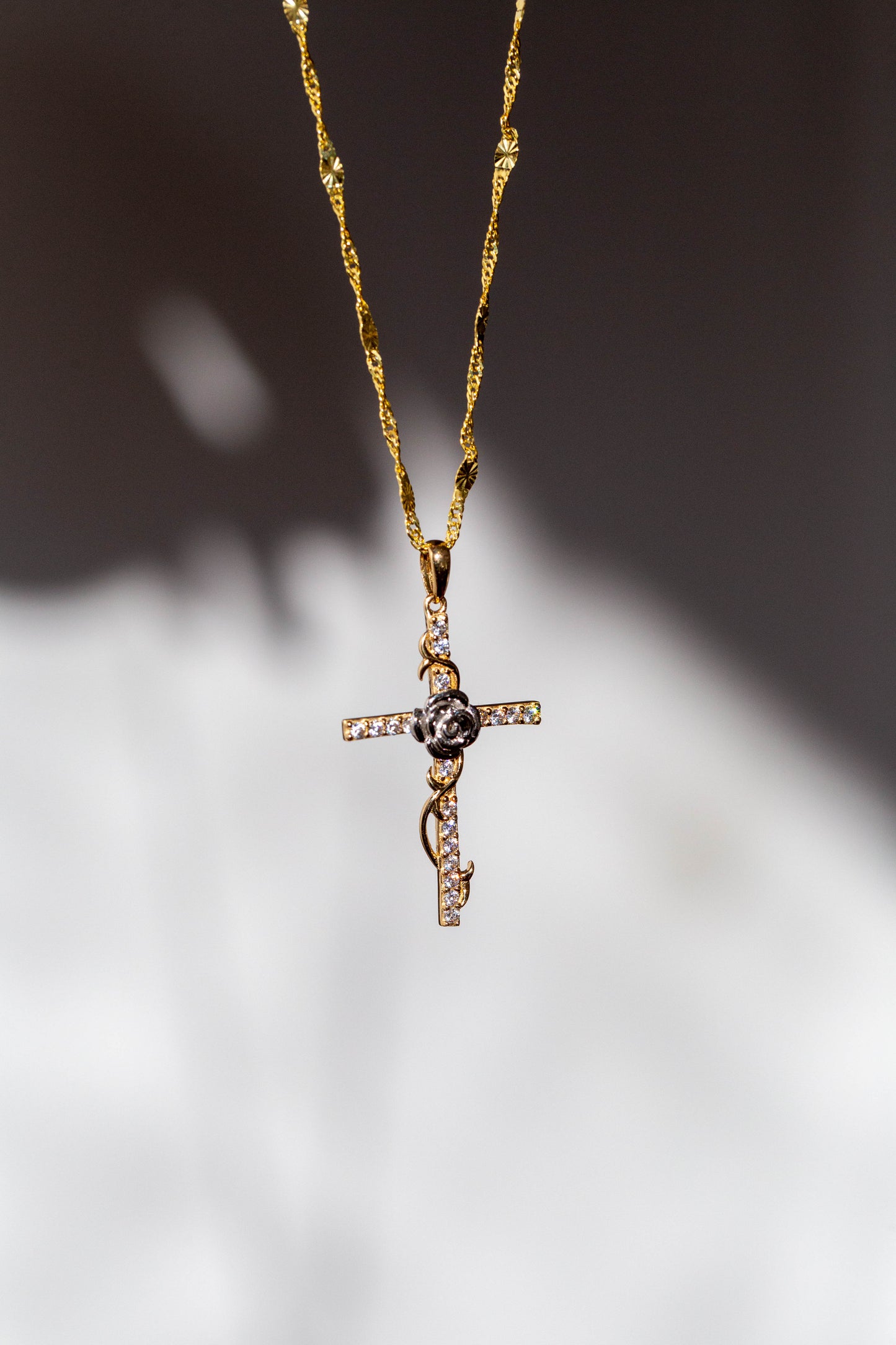 PVLA | 14k Solid 2-Tone Gold CZ Rose Cross