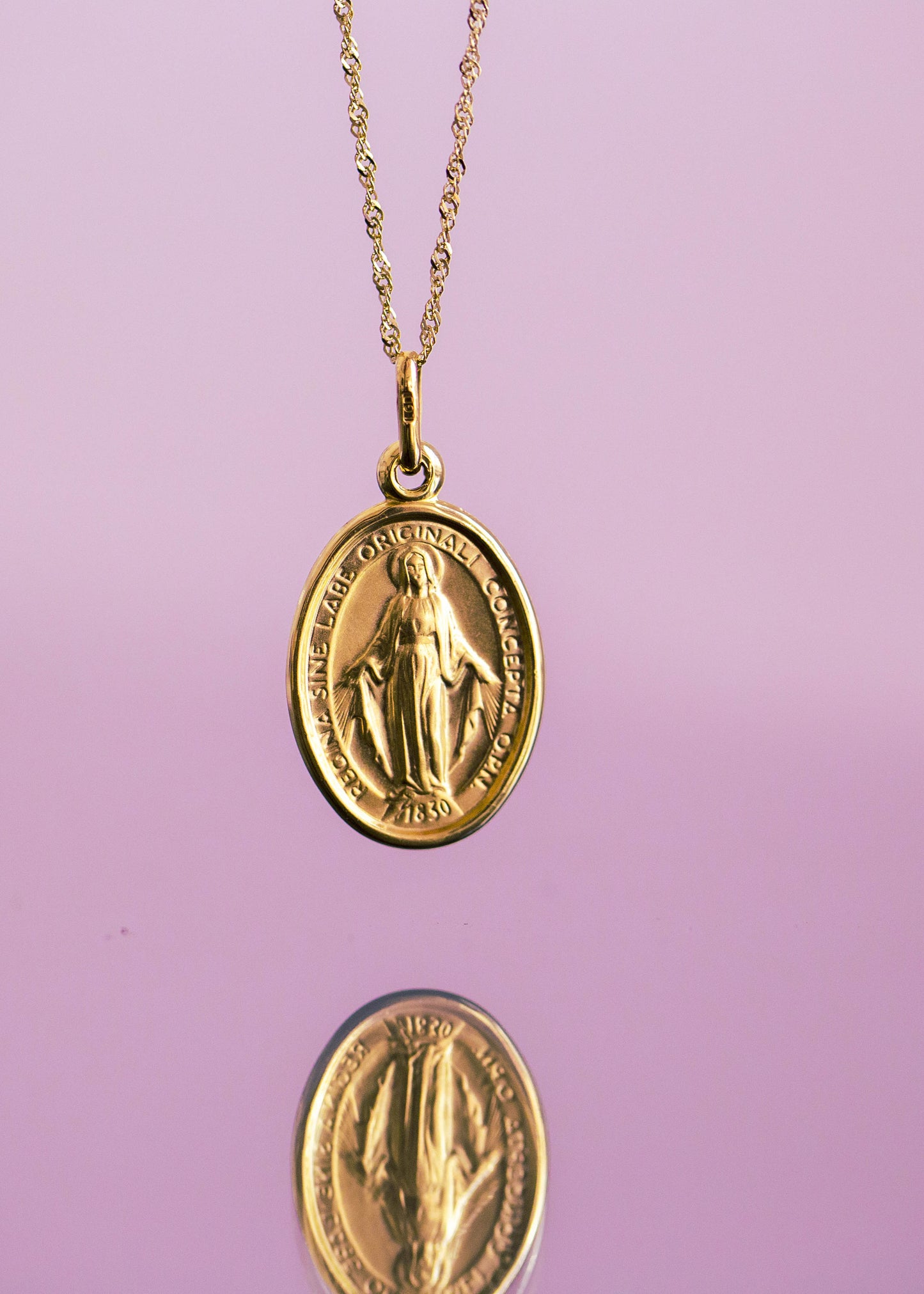 PVLA | 14k Gold Miraculous Mary Medal Pendant Charm Necklace | Guardian Gold Medallion