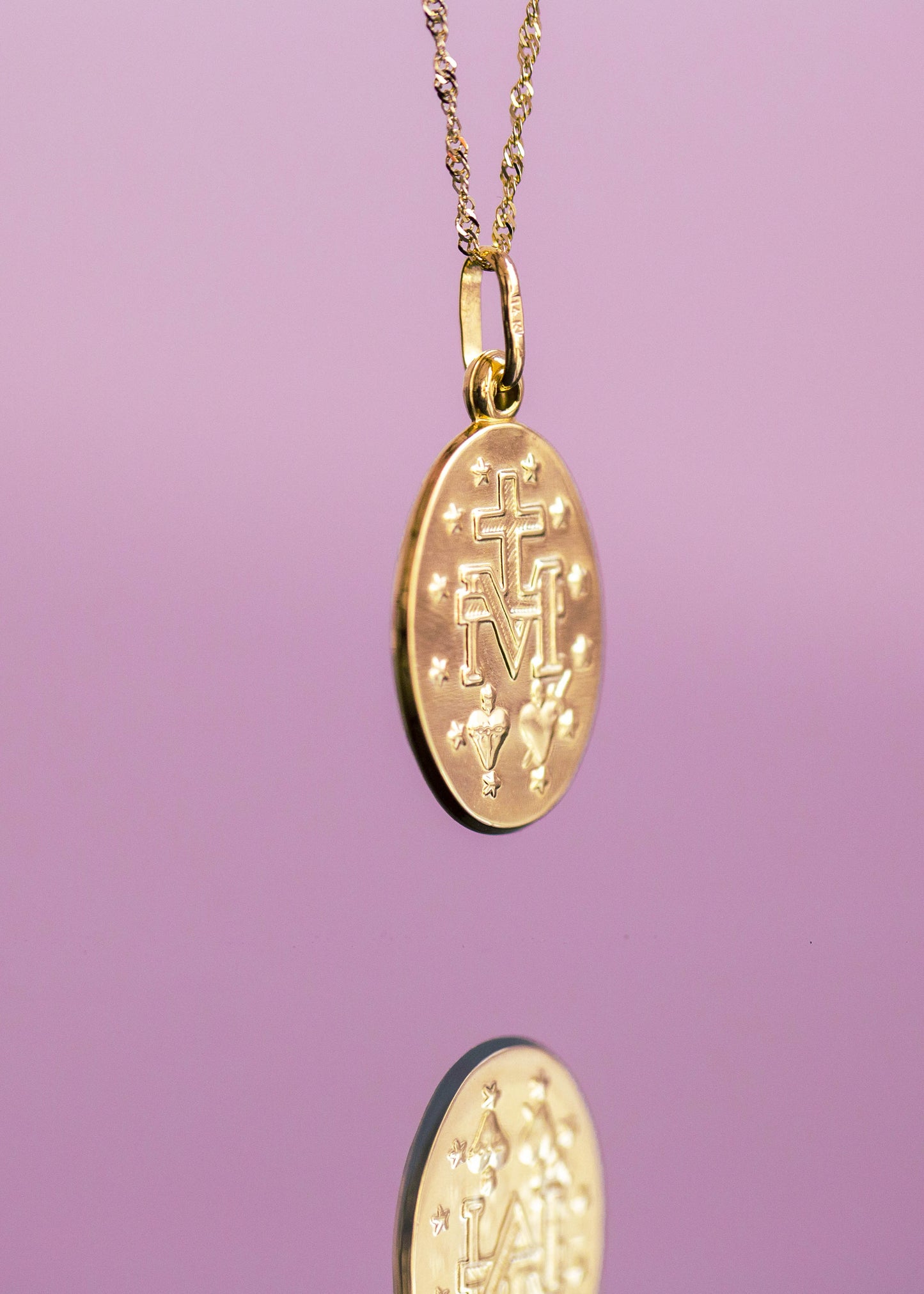 PVLA | 14k Gold Miraculous Mary Medal Pendant Charm Necklace | Guardian Gold Medallion