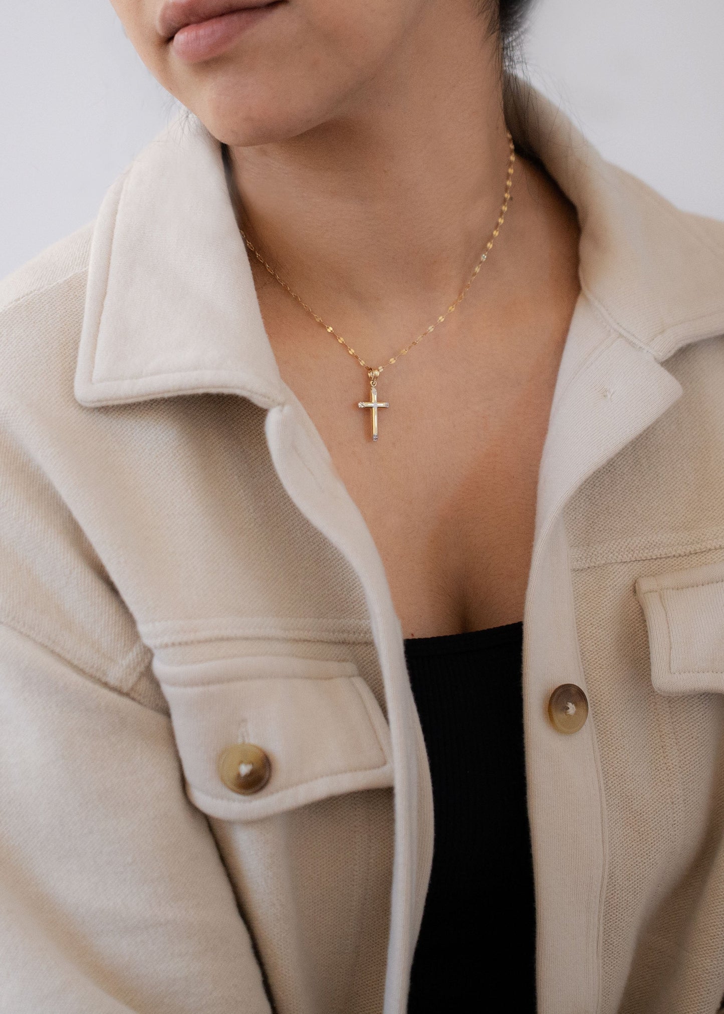 PVLA | 14k 2-tone Gold Diamond Cut Cross Pendant | Dainty Tubular Cross Pendant Charm