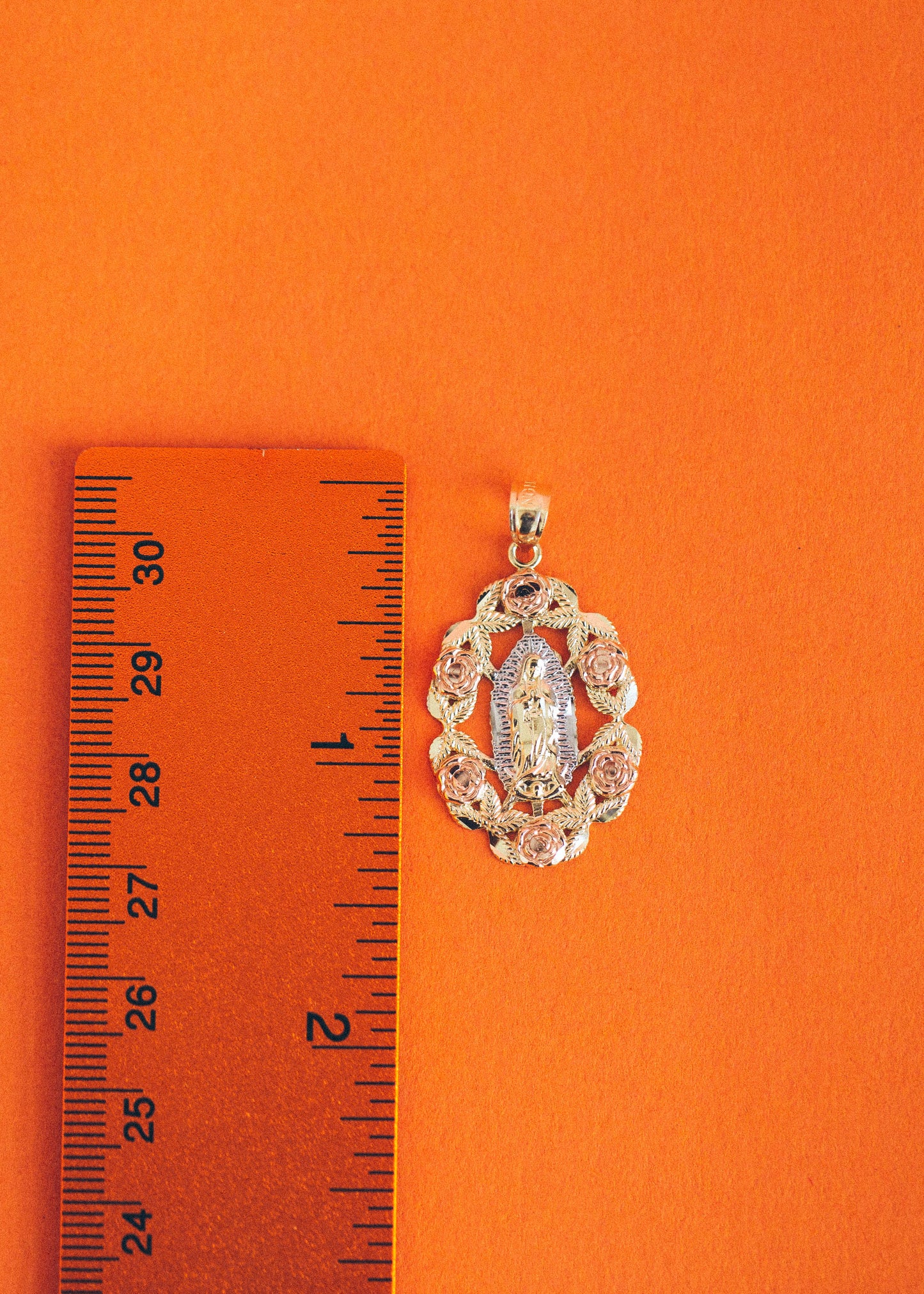 PVLA | 14K Solid Tri Color Gold Virgin Mary Guadalupe Necklace | Rose Flower Oval Frame Pendant