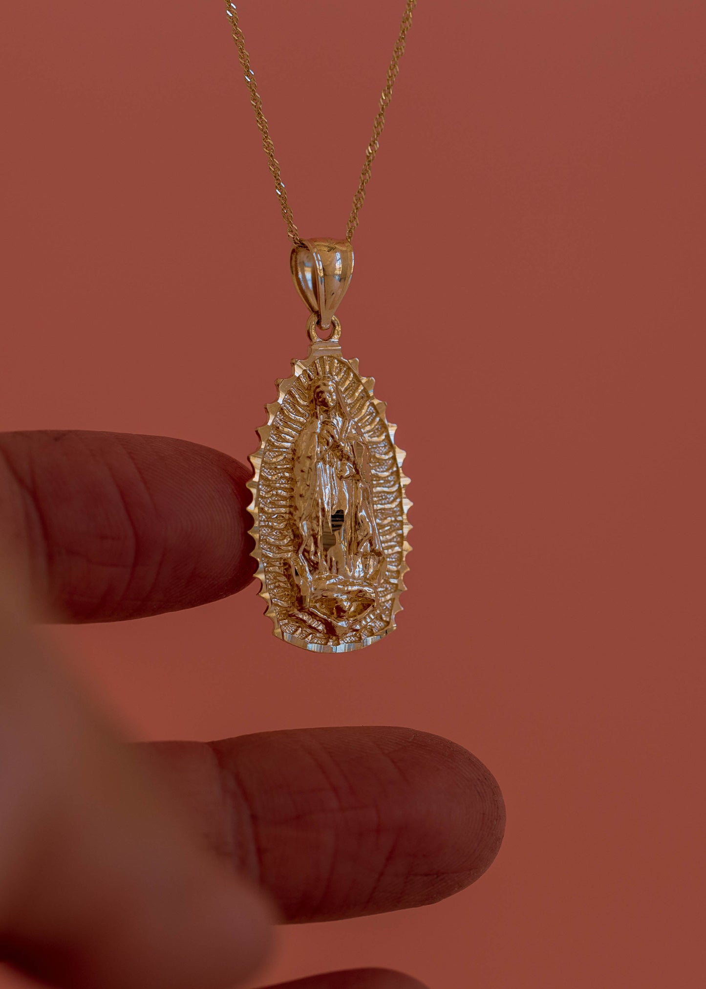 PVLA | 14k Solid Gold Our Lady of Guadalupe Pendant Charm Necklace Set | Virgin Mary Medallione