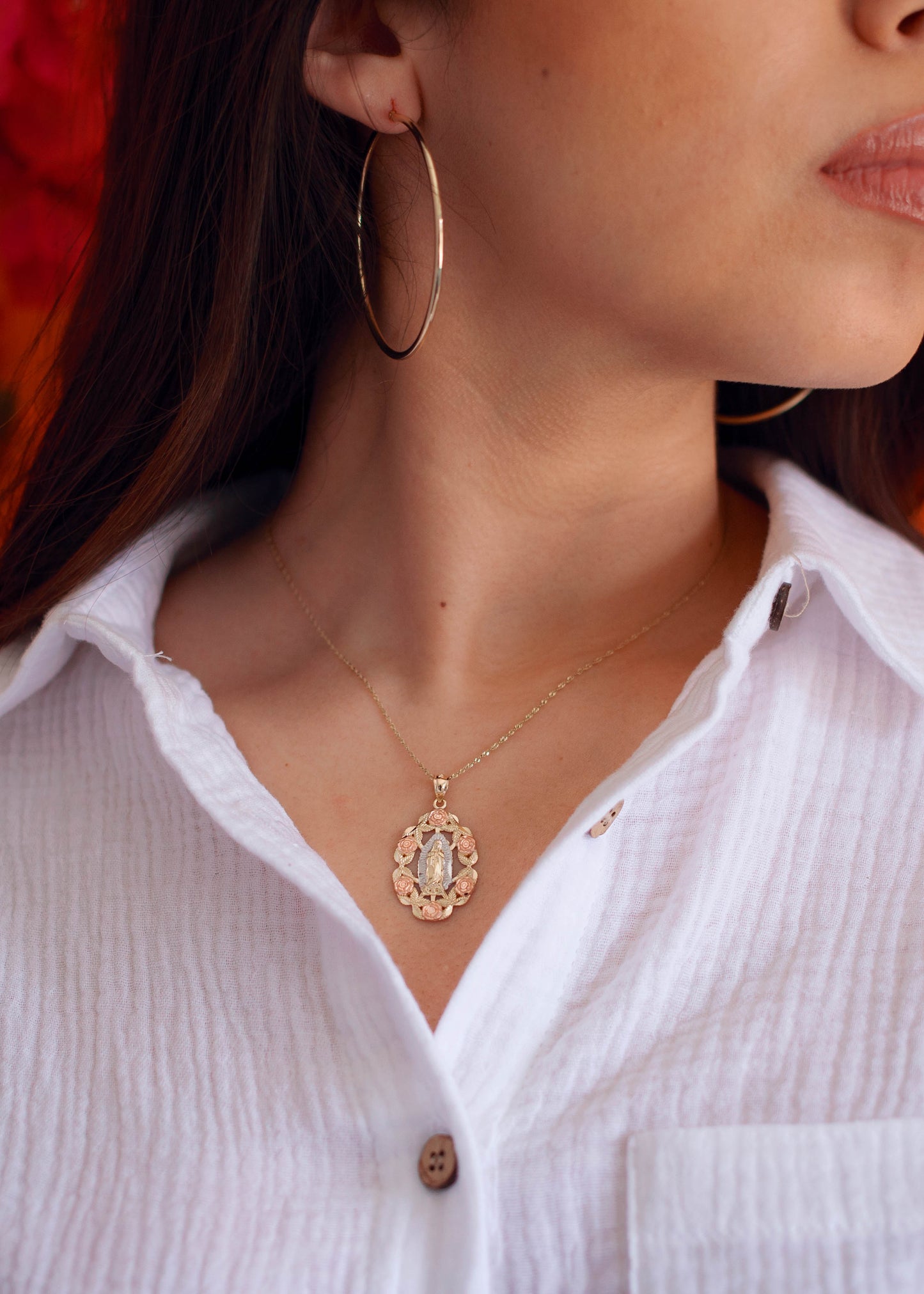 PVLA | 14K Solid Tri Color Gold Virgin Mary Guadalupe Necklace | Rose Flower Oval Frame Pendant