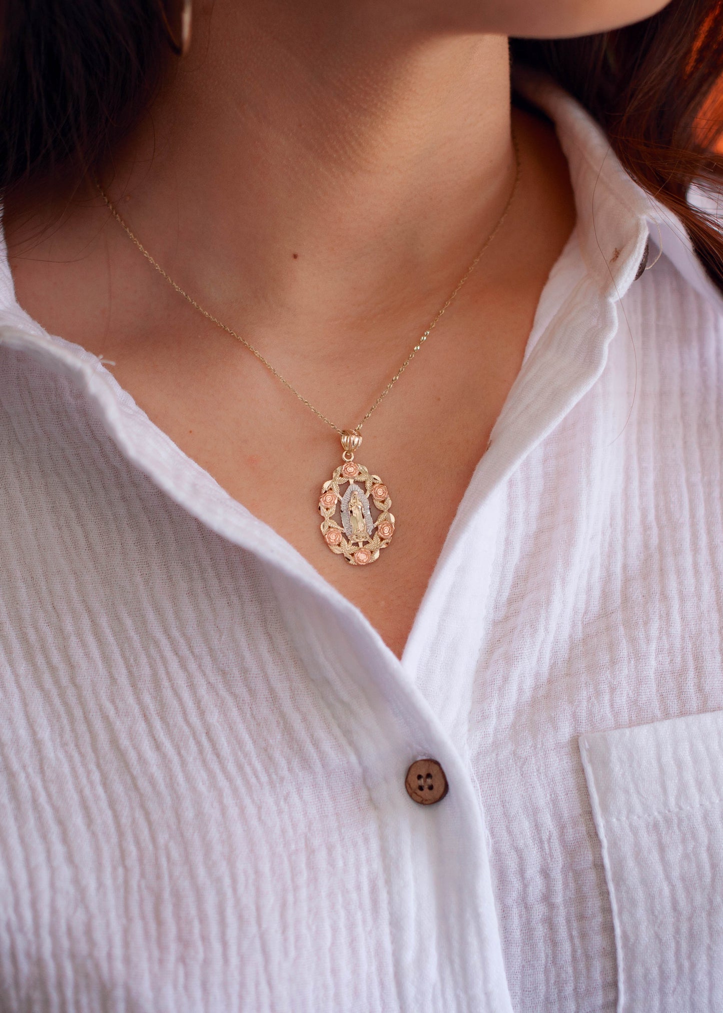 PVLA | 14K Solid Tri Color Gold Virgin Mary Guadalupe Necklace | Rose Flower Oval Frame Pendant