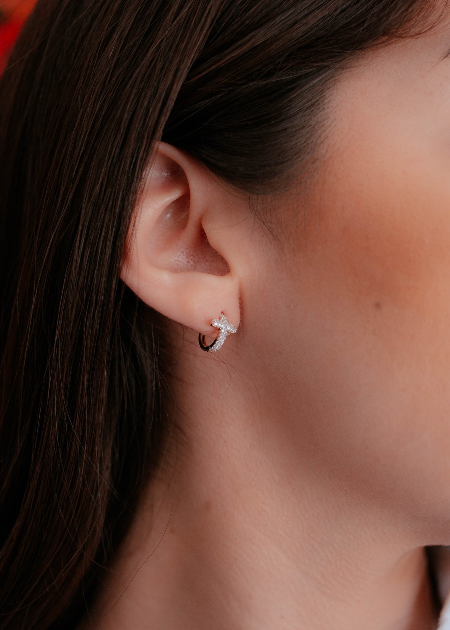 PVLA | 14k Solid Yellow Gold CZ Cross Huggie Earring | Pavè Cross Huggie