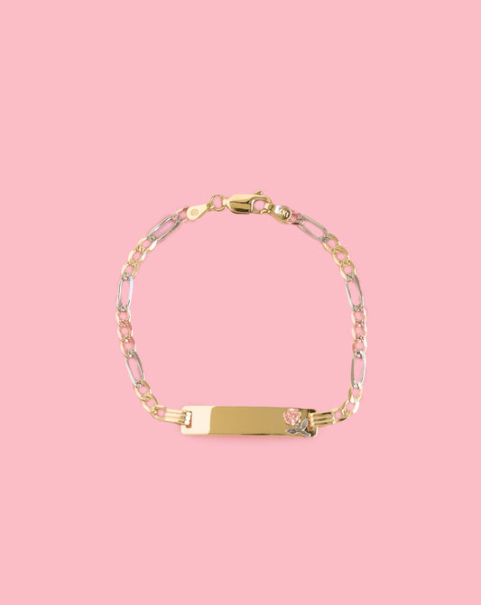 PVLA | 14k Solid Tri-Color Figaro Rose ID Baby Bracelet | Gold Baby Name Bracelet Pulsera