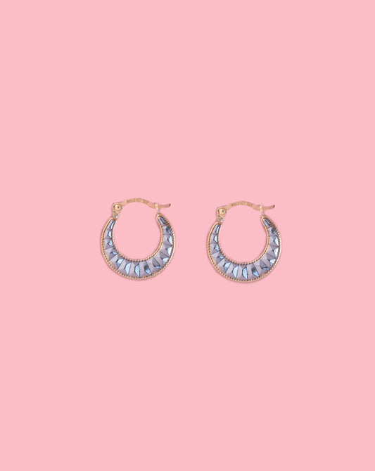 14k Yellow Gold  White Gold Diamond Cut Small Huggies Earring | Croissant Hoop Petite Huggie | 2-tone Hoop Earring | Baby Gold Hoop