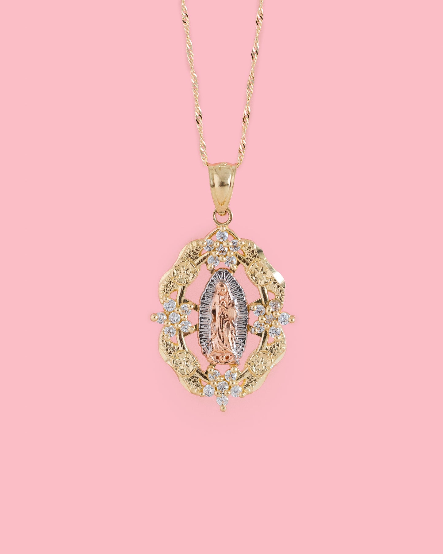 14K Solid Tri Color Gold Virgin Mary Guadalupe CZ Necklace | Cubic Zirconia Flower Oval Frame Pendant Charm Virgen de Guadalupe Necklace