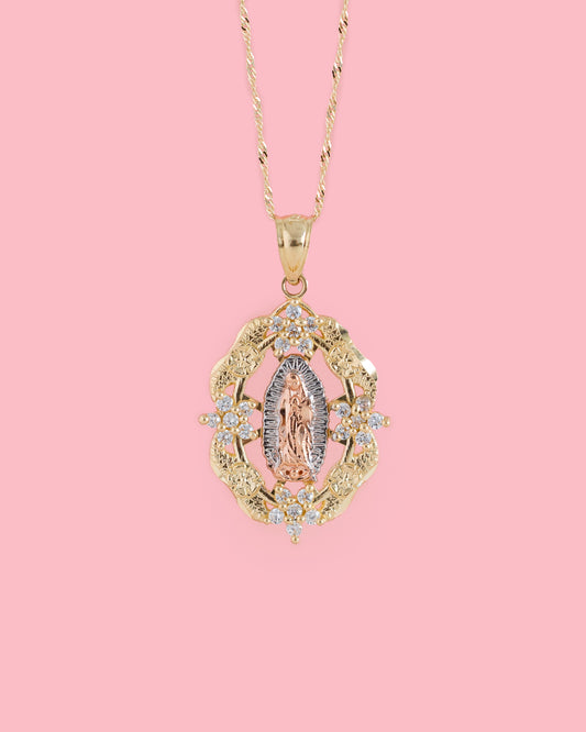 14K Solid Tri Color Gold Virgin Mary Guadalupe CZ Necklace | Cubic Zirconia Flower Oval Frame Pendant Charm Virgen de Guadalupe Necklace