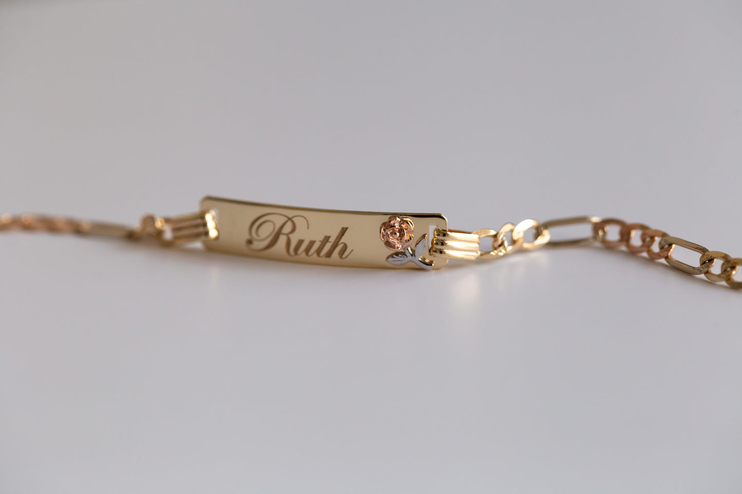 PVLA | 14k Solid Tri-Color Figaro Rose ID Baby Bracelet | Gold Baby Name Bracelet Pulsera