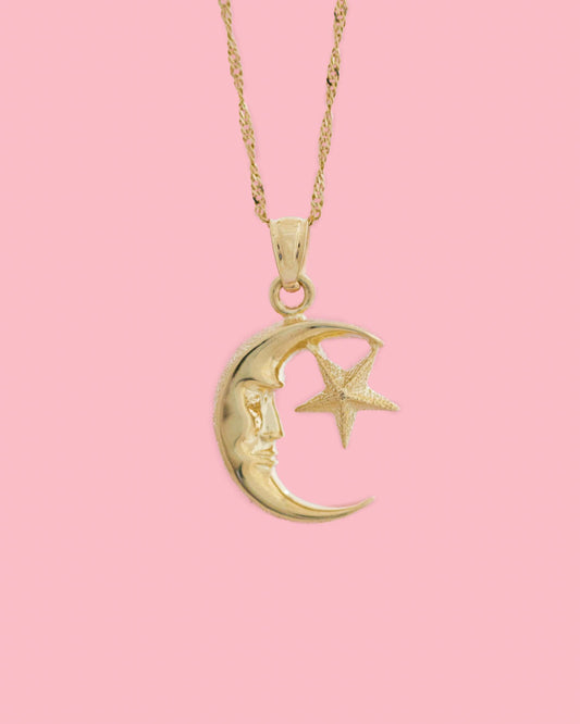 14k Solid Yellow Gold Moon And Star Pendant Charm | Luna Estrella Necklace | Astrology Jewelry Gift