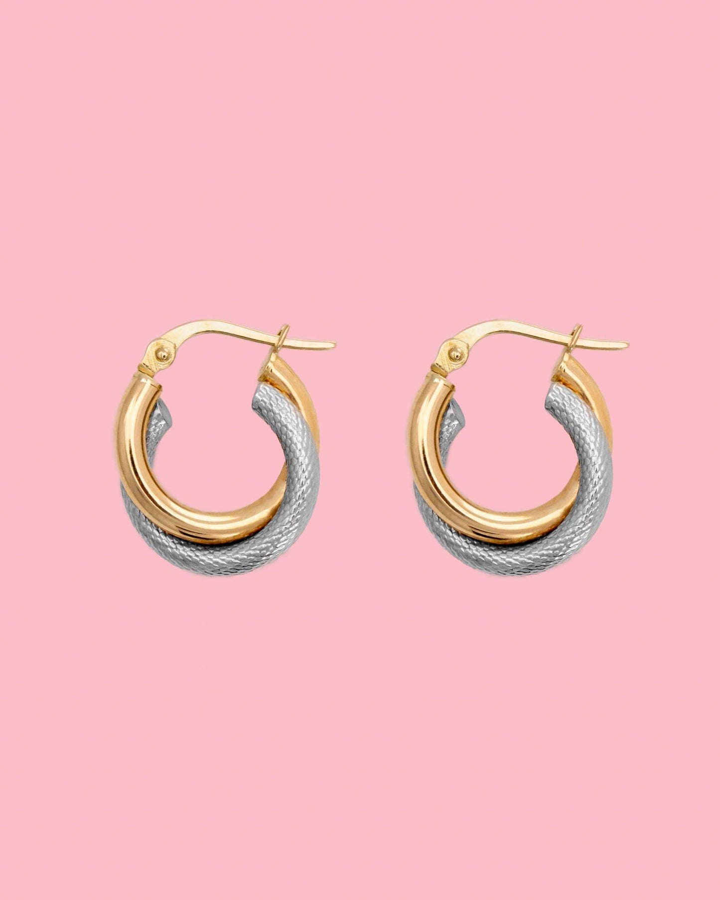 PVLA | 14k Two-Tone Gold Crossover Hoop Earrings | Diamond Cut and High Polished Hoop Earrings