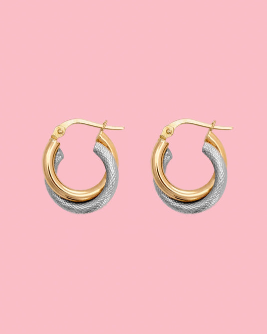 PVLA | 14k Two-Tone Gold Crossover Hoop Earrings | Diamond Cut and High Polished Hoop Earrings