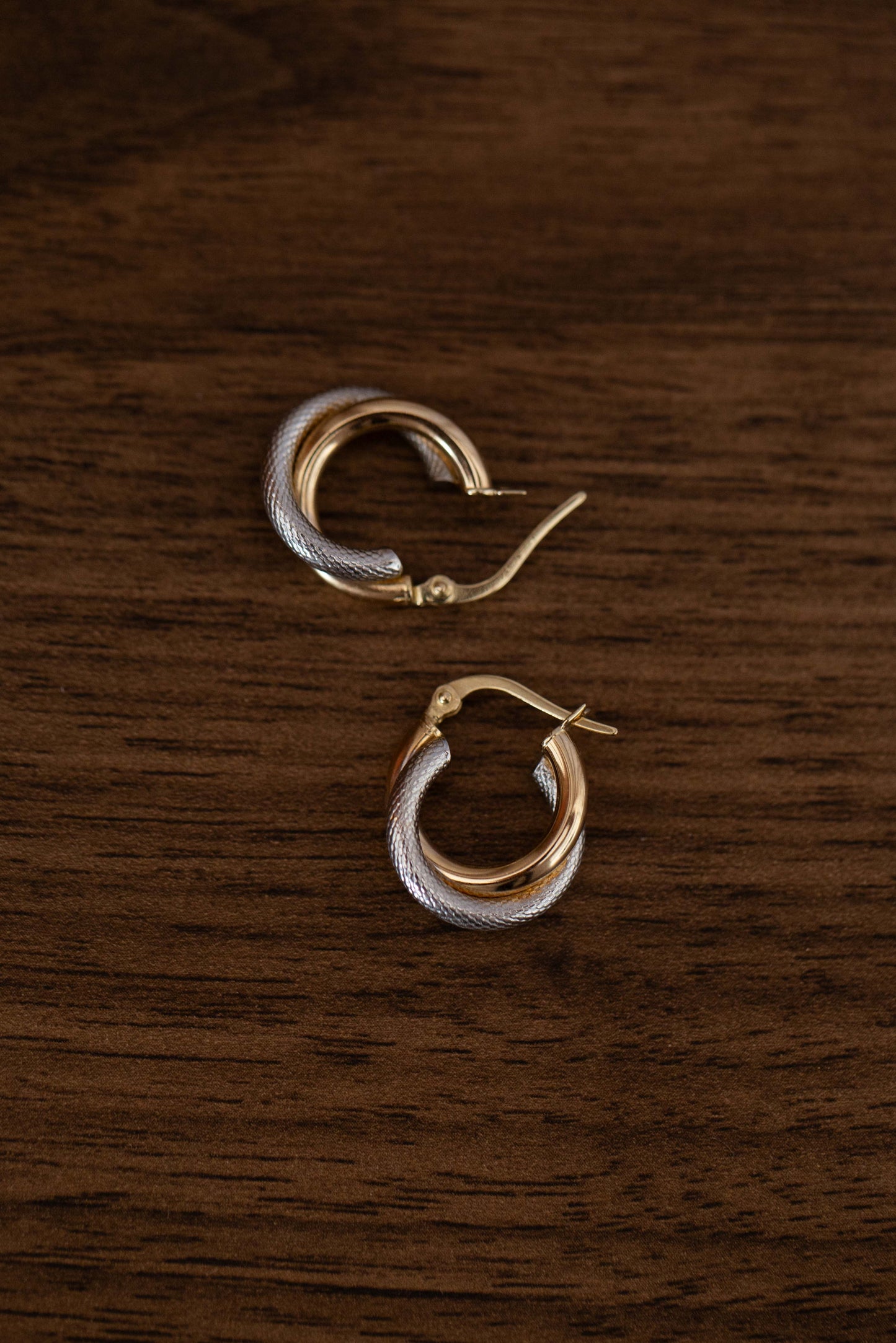 PVLA | 14k Two-Tone Gold Crossover Hoop Earrings | Diamond Cut and High Polished Hoop Earrings