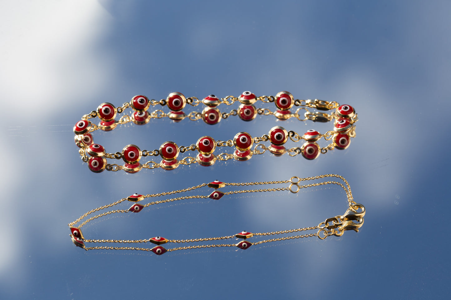 PVLA | 14k Solid Gold Red Evil Eye 7" Bracelet | Mal De Ojo 14k 7"  Pulsera