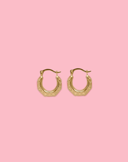 14k Yellow Gold Diamond Cut Small Huggies Earring | Hexagon Hoop Petite Huggie | Filigree Hoop Earring | Baby Gold Hoop