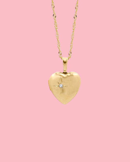 PVLA | 14k Heart Locket Picture Pendant | Star Diamond Heart Locket Necklace