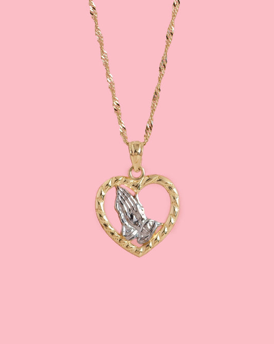 PVLA | 14k Gold 2-Tone Praying Hands Heart Pendant | White Gold Yellow Blessing Hands Charm Necklace