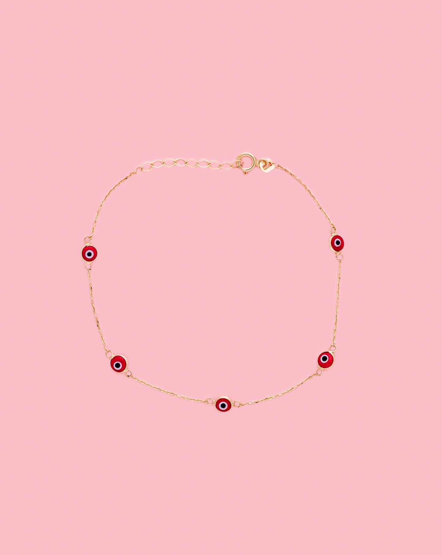 PVLA | 14k Gold Red Evil Eye Dainty Adjustable Bracelet 7"+1" Cable Link Chain | Mal de Ojo Bracelet