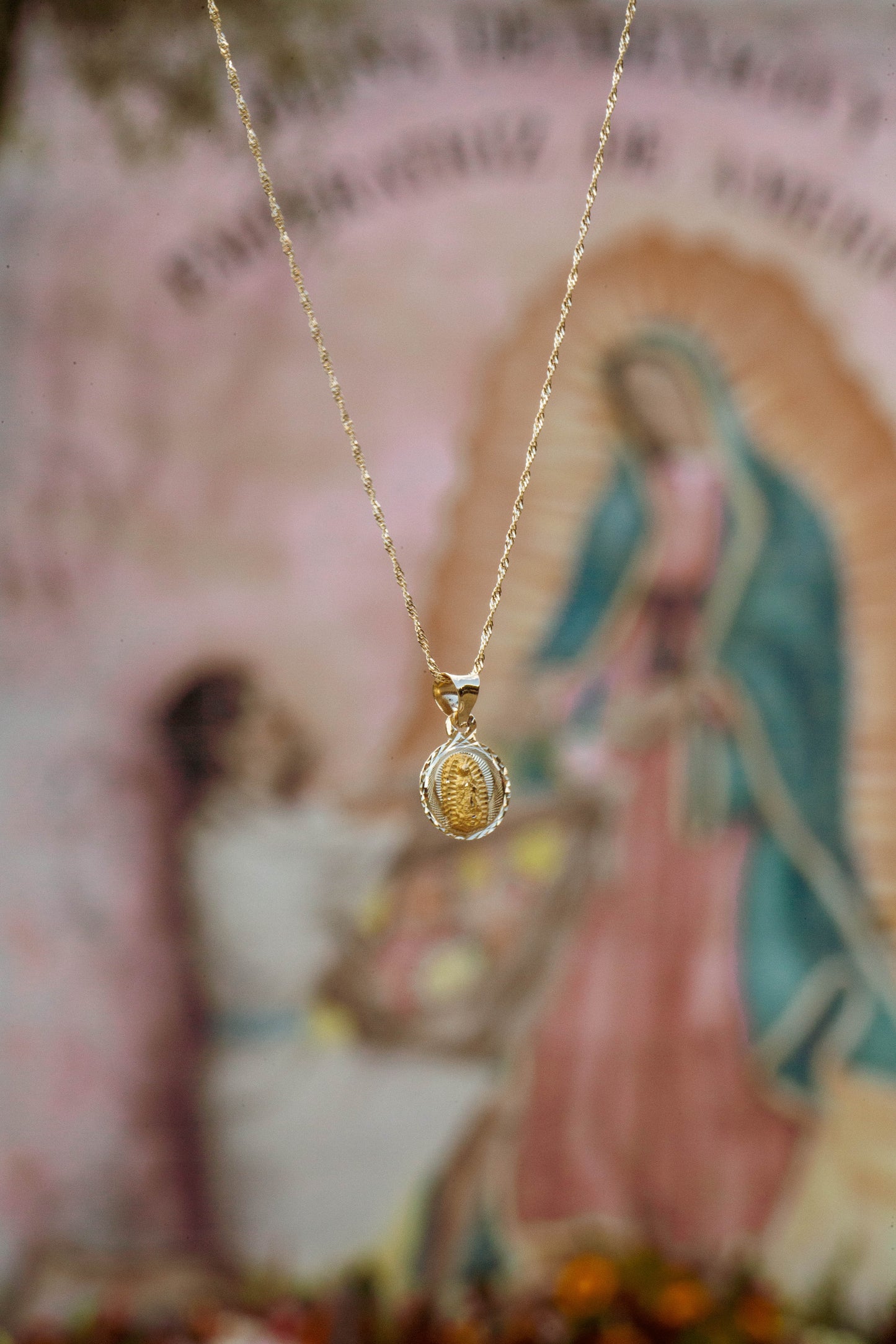 PVLA | 14k Solid Yellow Gold Virgencita Round Pendant Charm | Dainty Virgen De Guadalupe Necklace