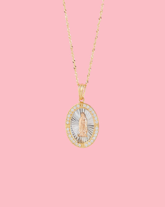 PVLA | 14k Tri Color Solid Gold Cubic Zirconia Virgin De Guadalupe Halo Pendant Chain