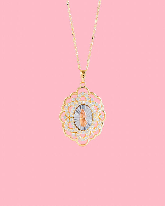 PVLA | 14k Tri Color Solid Gold CZ Halo Virgin De Guadalupe Pendant Necklace Set |