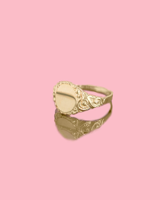 PVLA | 14k Solid Yellow Gold Filigree Signet Personalized Ring | Dainty Stackable Gold Custom Letter Ring |