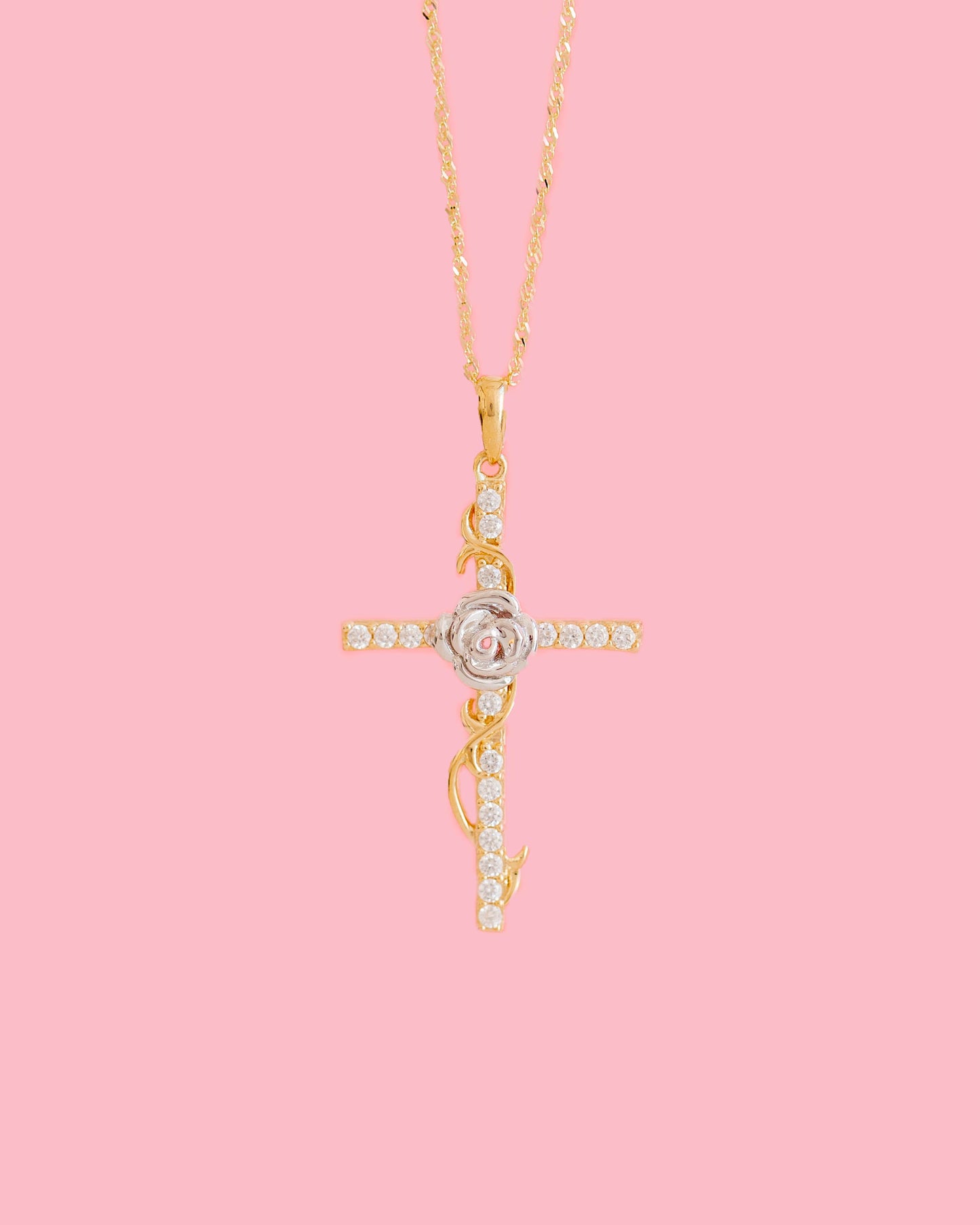 PVLA | 14k Solid 2-Tone Gold CZ Rose Cross