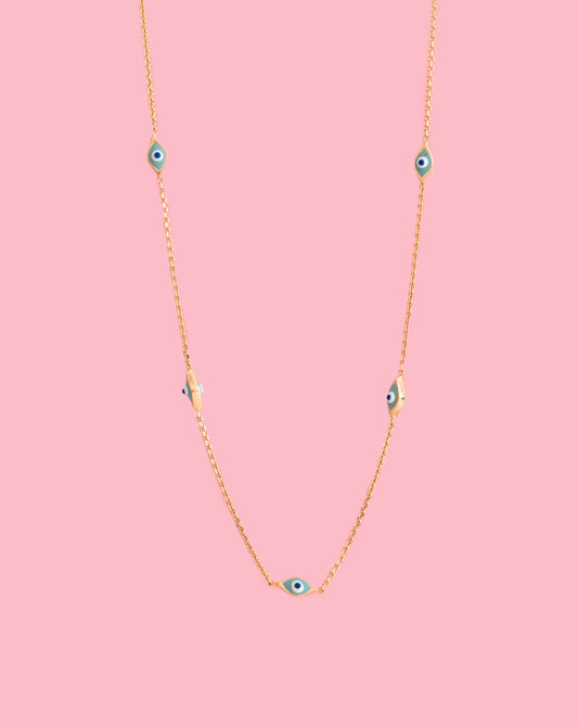 PVLA | 14k Solid Yellow Gold Evil Eye Adjustable Necklace | Dainty Mal De Ojo Adjustable Chain