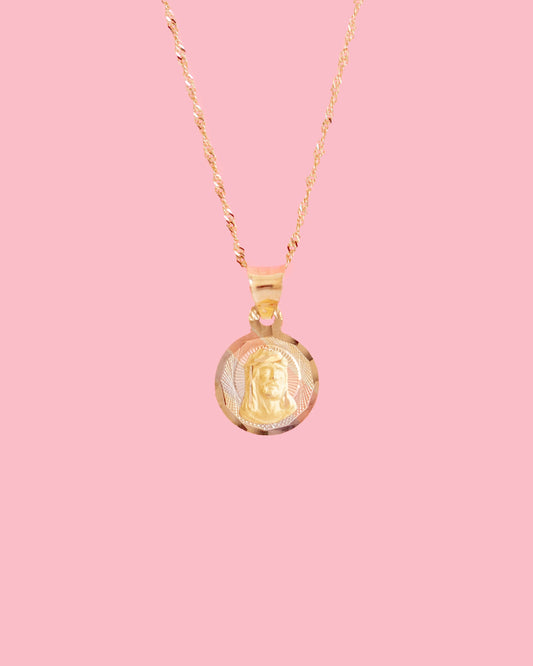 PVLA | 14k Solid Yellow Gold Jesus Bust Pendant Charm | Tri-color Jesus Piece Round Minimal Necklace Set