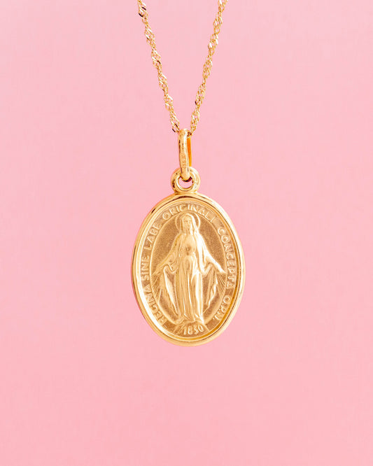 PVLA | 14k Gold Miraculous Mary Medal Pendant Charm Necklace | Guardian Gold Medallion