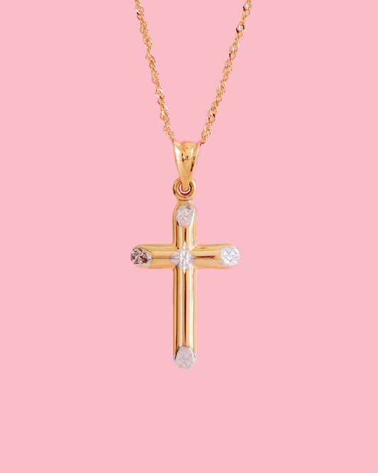 PVLA | 14k 2-tone Gold Diamond Cut Cross Pendant | Dainty Tubular Cross Pendant Charm