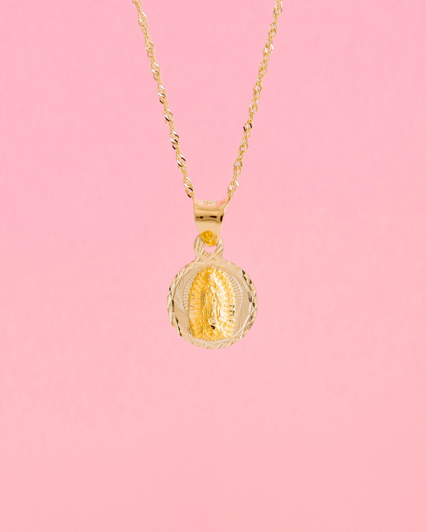 PVLA | 14k Solid Yellow Gold Virgencita Round Pendant Charm | Dainty Virgen De Guadalupe Necklace