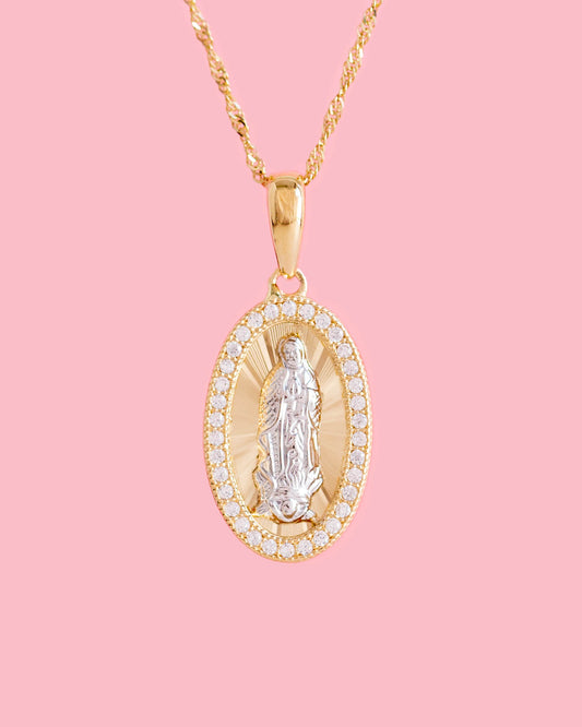 PVLA | 14k Solid 2-tone Gold Virgin Mary Oval Pendant | Cubic Zirconia Halo Virgencita Medal