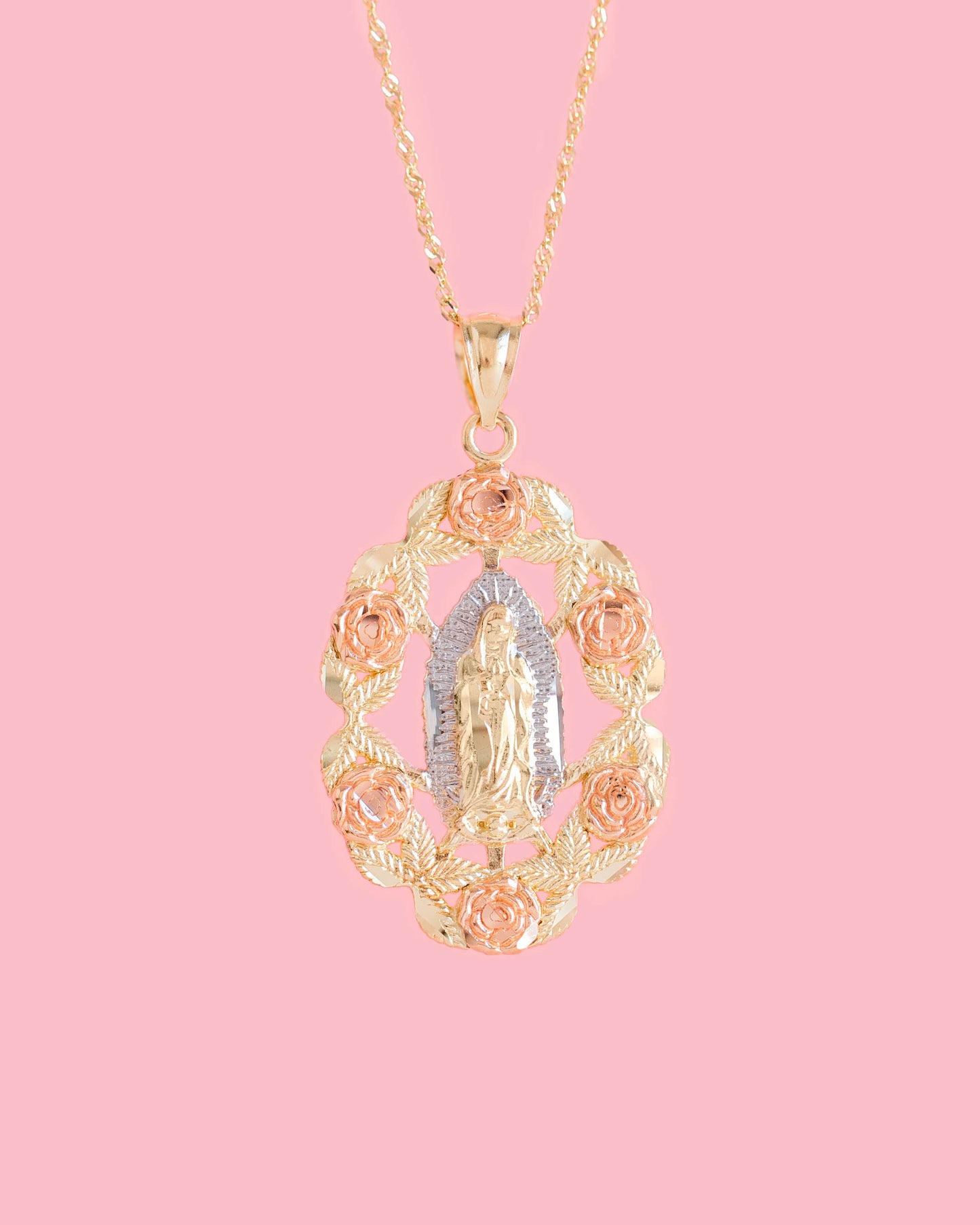 PVLA | 14K Solid Tri Color Gold Virgin Mary Guadalupe Necklace | Rose Flower Oval Frame Pendant