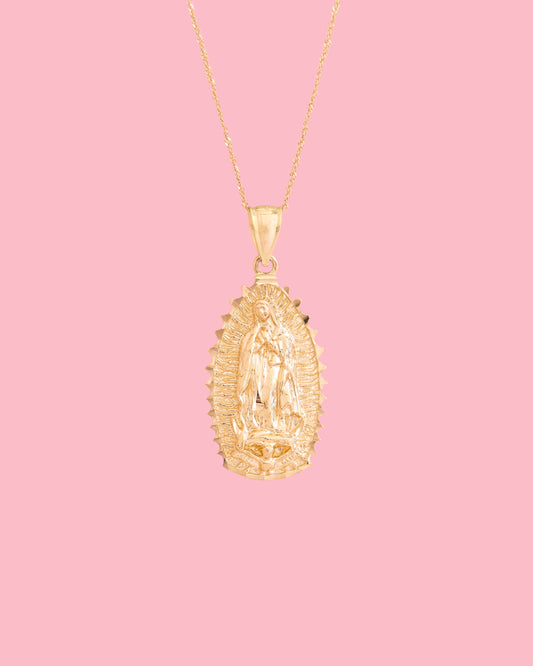 PVLA | 14k Solid Gold Our Lady of Guadalupe Pendant Charm Necklace Set | Virgin Mary Medallione